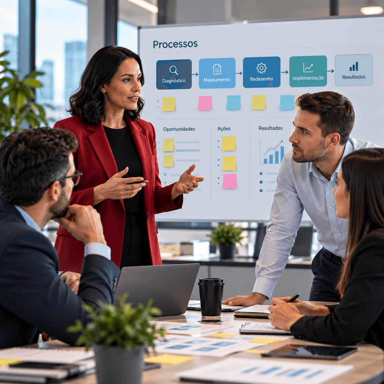 Business team meeting with manager presenting ideas in a modern office conference room.